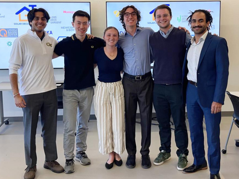 From left to right, Arya Desai (MSCE), Jackie Zong (BSCE), Rachel Witherspoon (M.Arch), Charles Morris (BSCSM), Wyatt Williams (MBA/EE), Nader Osman (BSCSM).